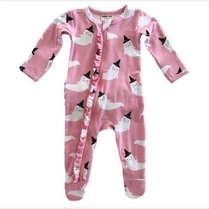 Spearmint Love 2-Way Ruffle Zip Footie Pink Ghost Print Baby Newborn One Piece